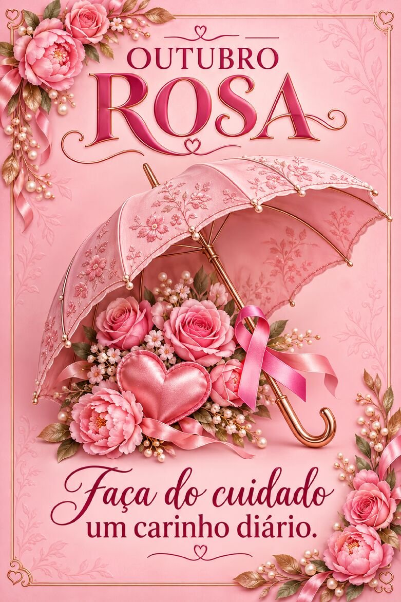 Cartão Outubro Rosa com sombrinha rosa rendada, buquê de rosas, coração e fita de conscientização